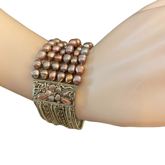 Vintage Multi-Strand Bronze Freshwater Pearl Bracelet w/Ornate Floral Inlay - Picture 3 of 8